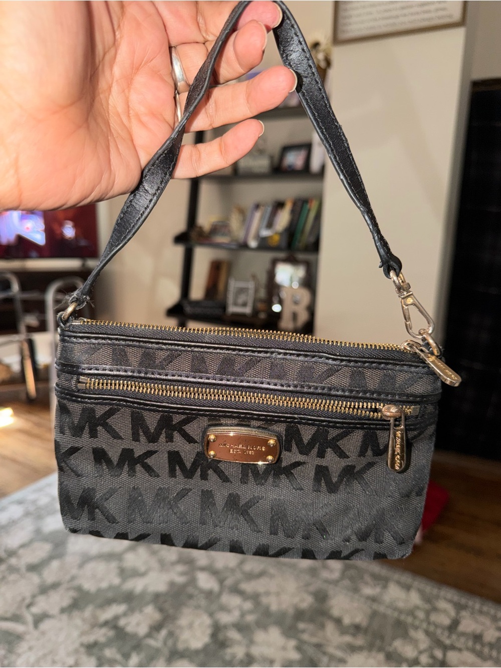 Michael Kors Black MK Monogram Wristlet with Gold Hardware